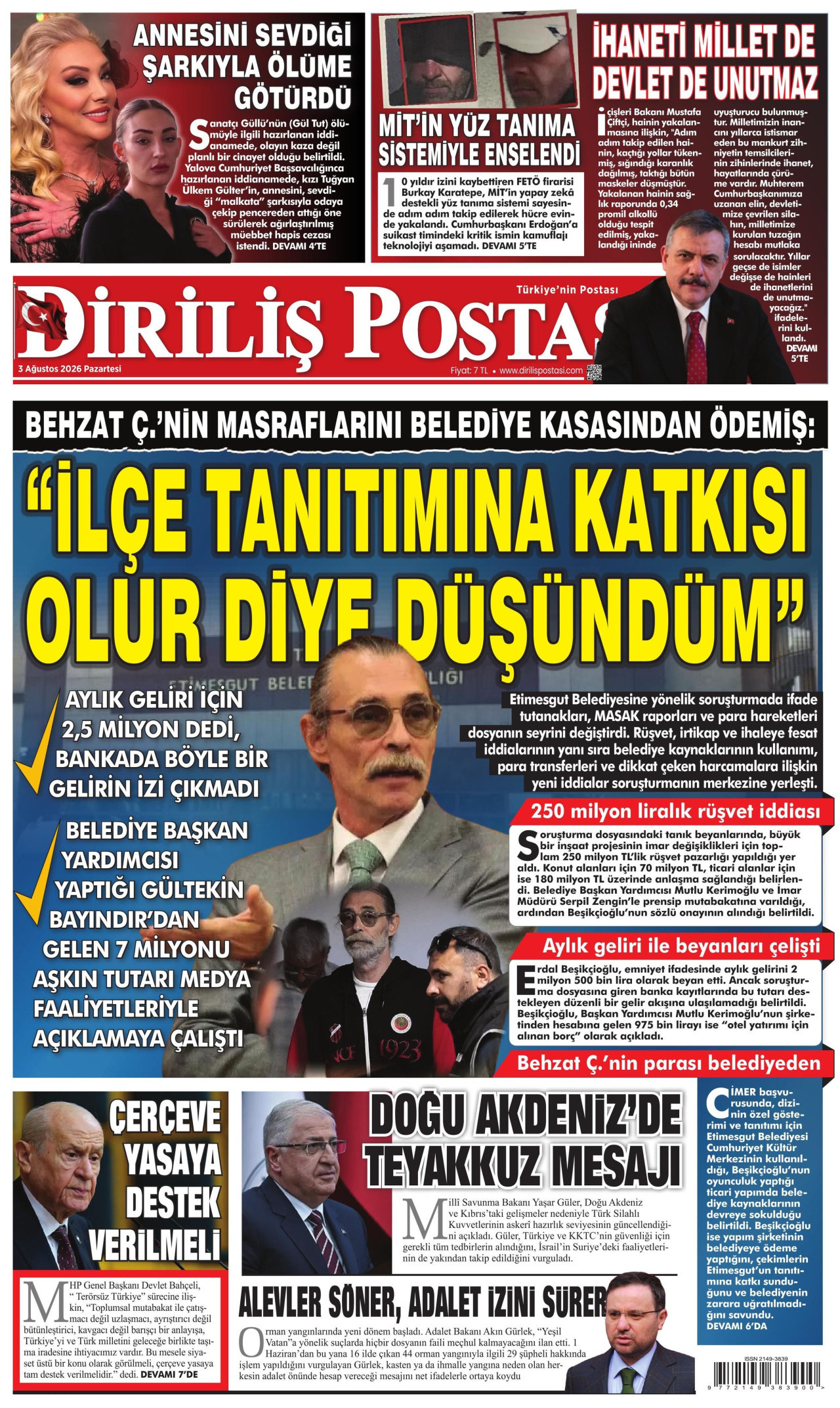 DİRİLİŞ POSTASI gazetesinin 3 Ağustos 2026 tarihli birinci sayfası