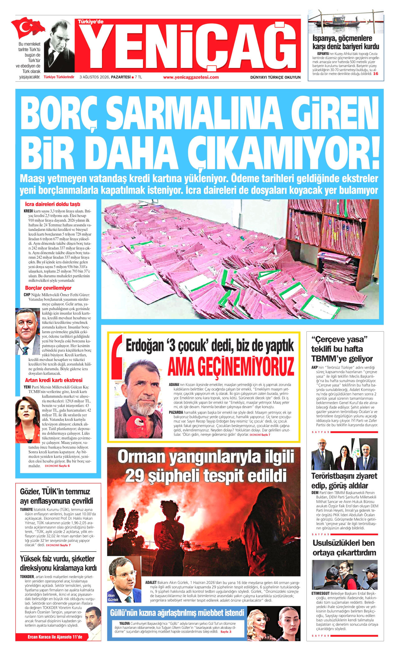 YENİÇAĞ gazetesinin 3 Ağustos 2026 tarihli birinci sayfası