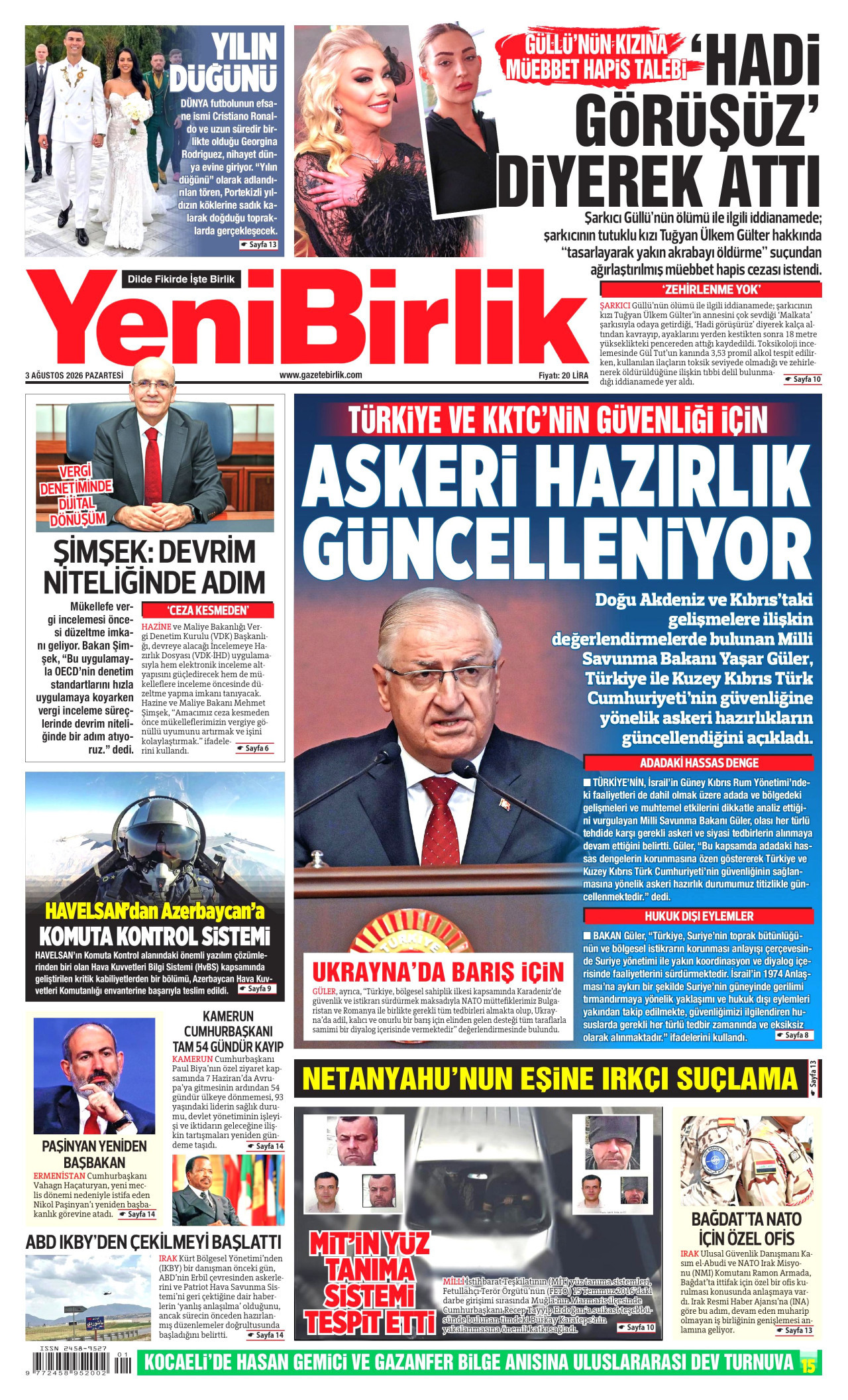 YENİBİRLİK gazetesinin 3 Ağustos 2026 tarihli birinci sayfası
