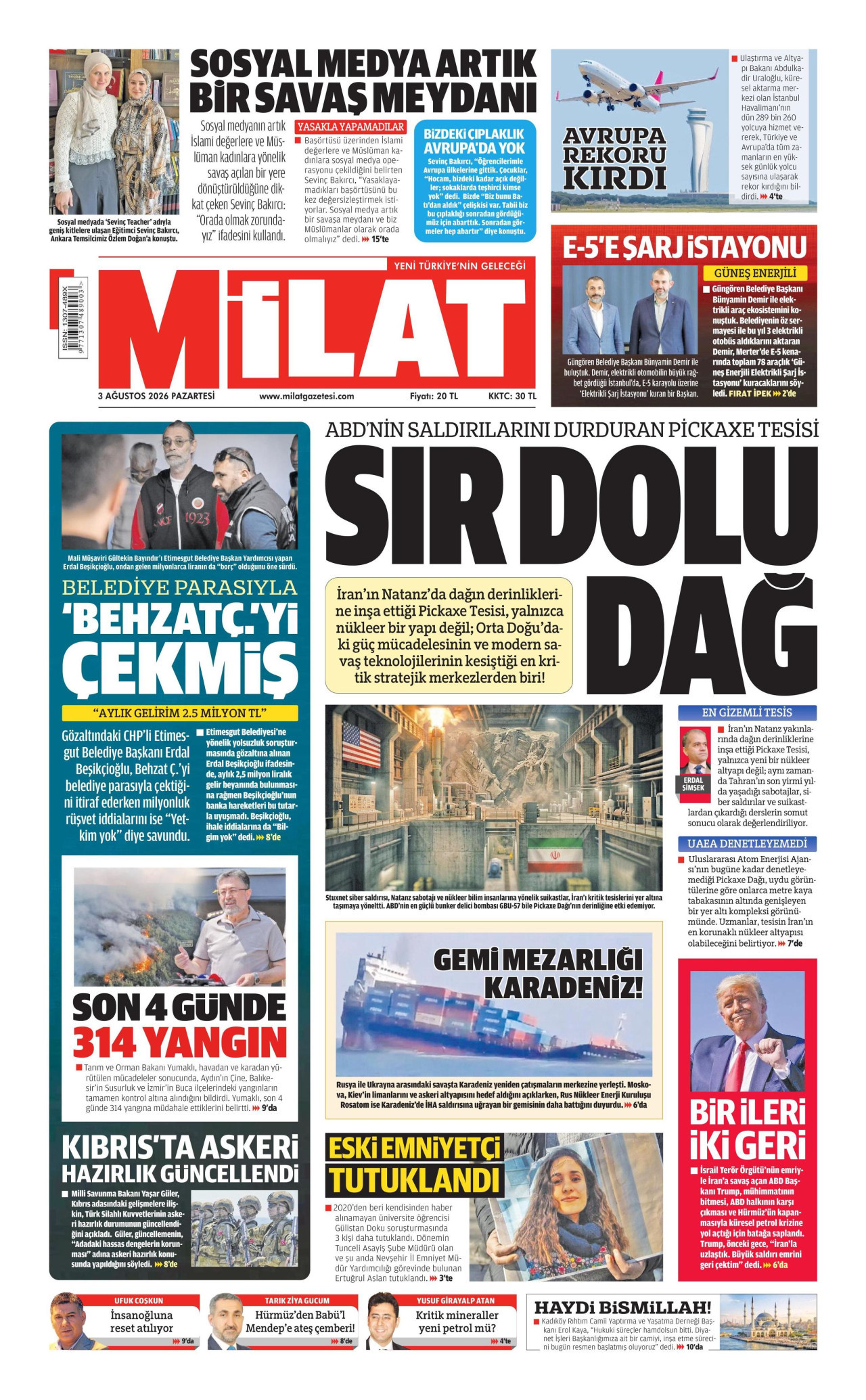 MİLAT gazetesinin 3 Ağustos 2026 tarihli birinci sayfası