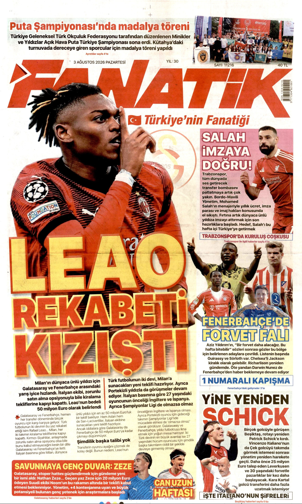 FANATİK gazetesinin 3 Ağustos 2026 tarihli birinci sayfası
