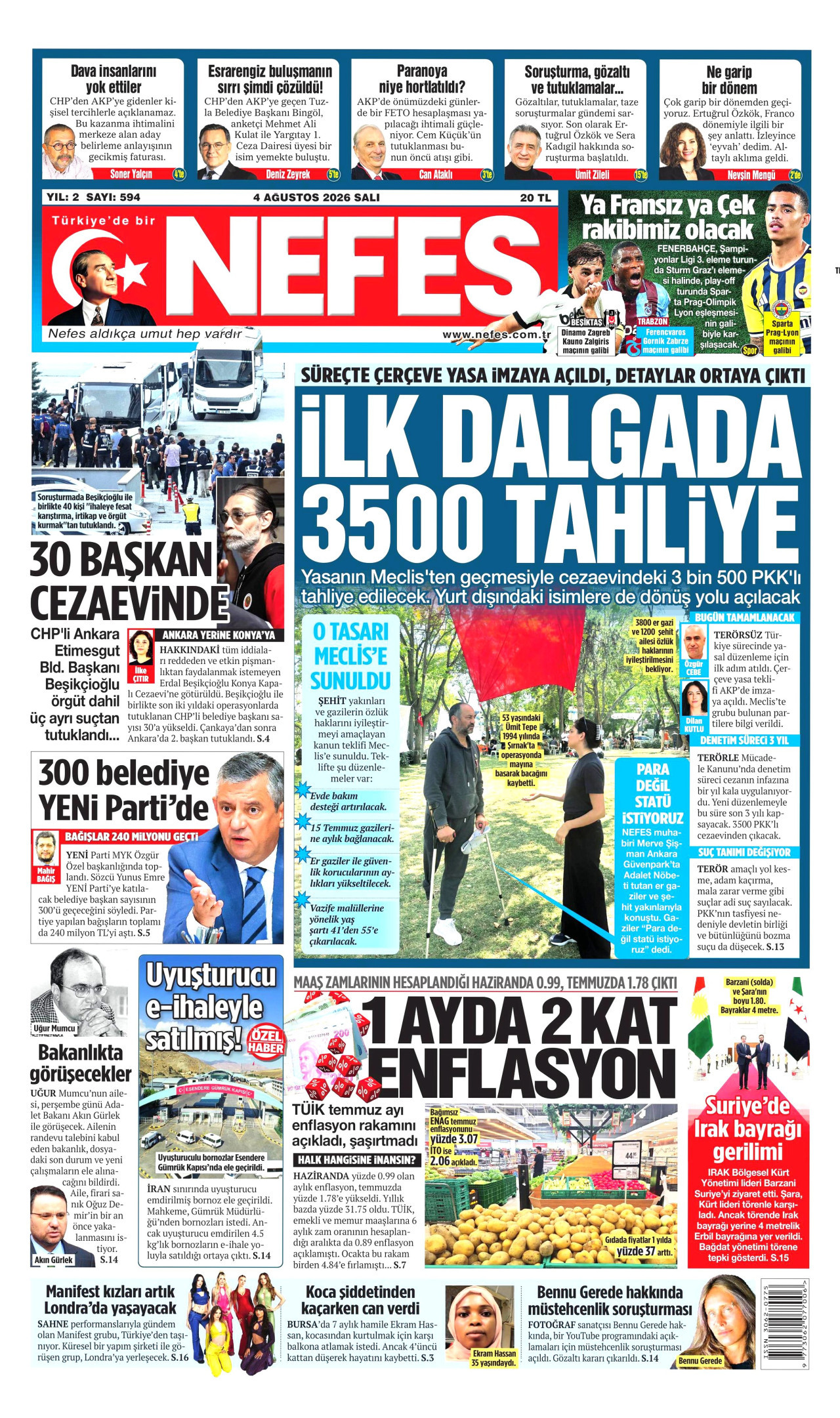 NEFES gazetesinin 4 Ağustos 2026 tarihli birinci sayfası