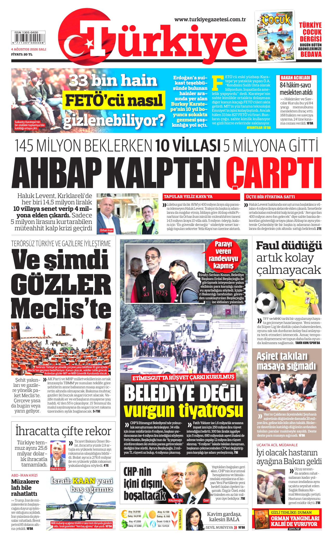 TÜRKİYE GAZETESİ gazetesinin 4 Ağustos 2026 tarihli birinci sayfası