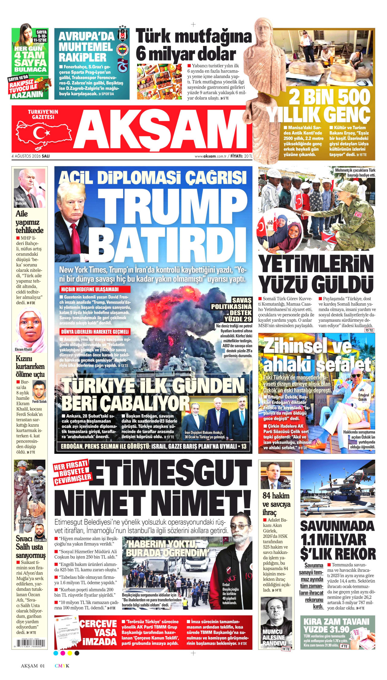 AKŞAM gazetesinin 4 Ağustos 2026 tarihli birinci sayfası
