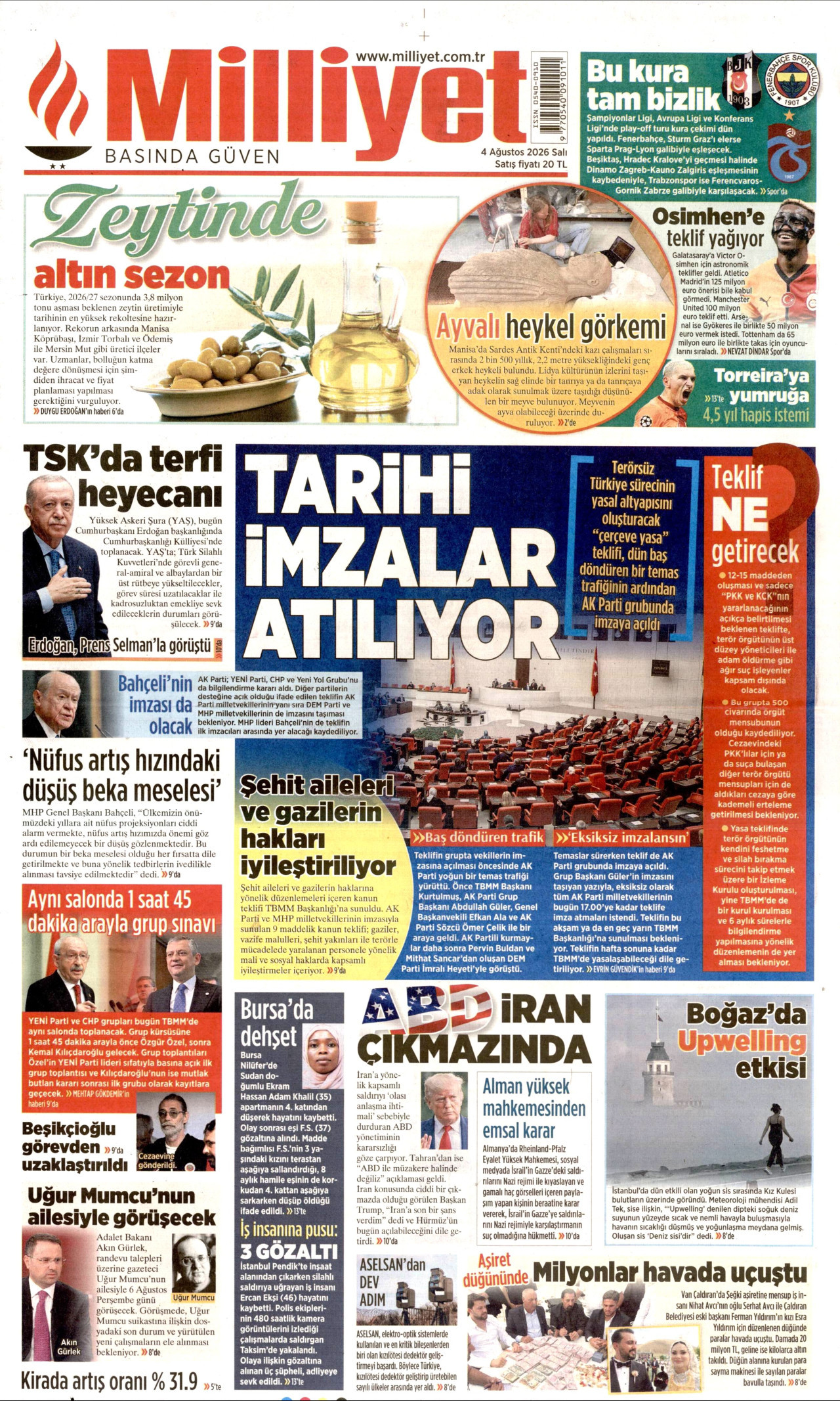 MİLLİYET gazetesinin 4 Ağustos 2026 tarihli birinci sayfası