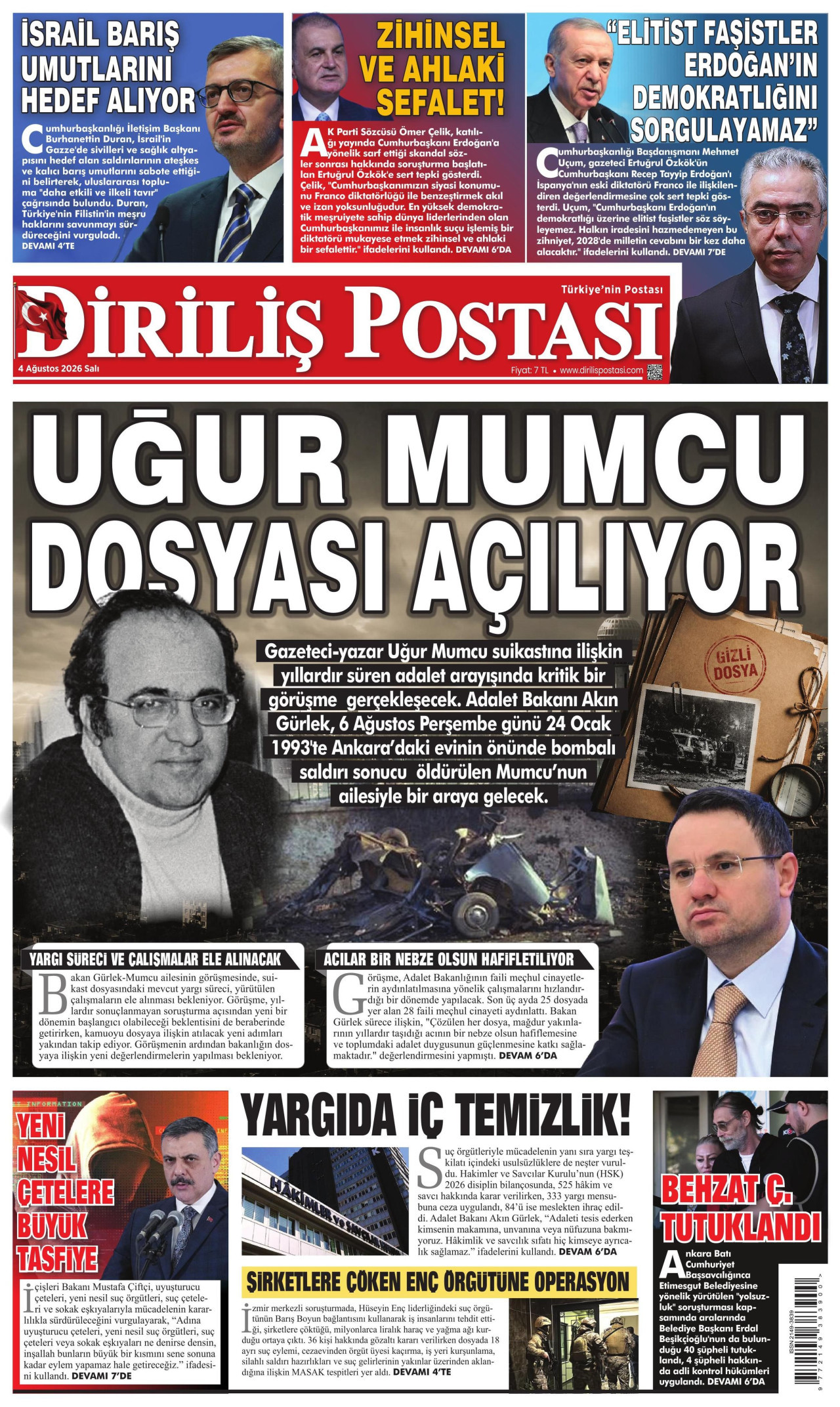 DİRİLİŞ POSTASI gazetesinin 4 Ağustos 2026 tarihli birinci sayfası