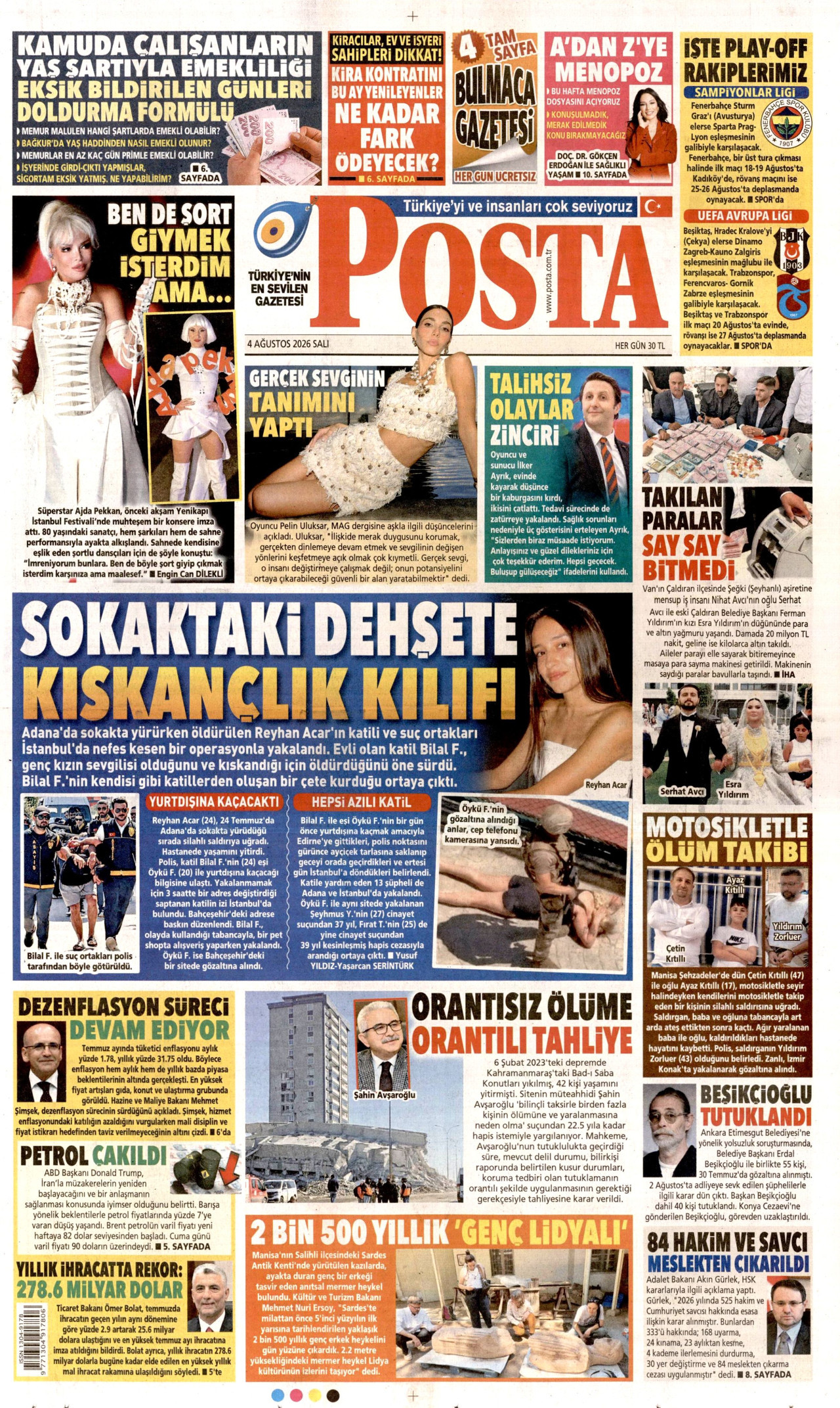 POSTA gazetesinin 4 Ağustos 2026 tarihli birinci sayfası