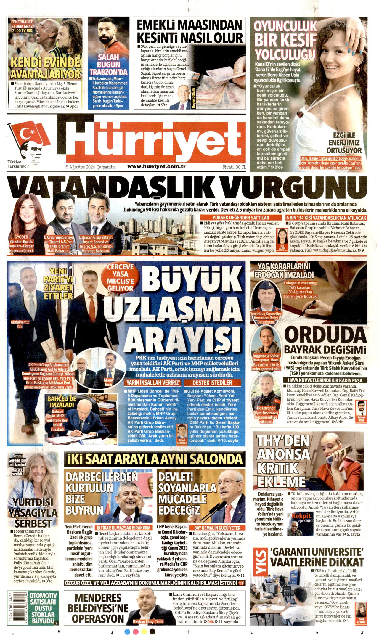 HÜRRİYET gazetesinin 5 Ağustos 2026 tarihli birinci sayfası