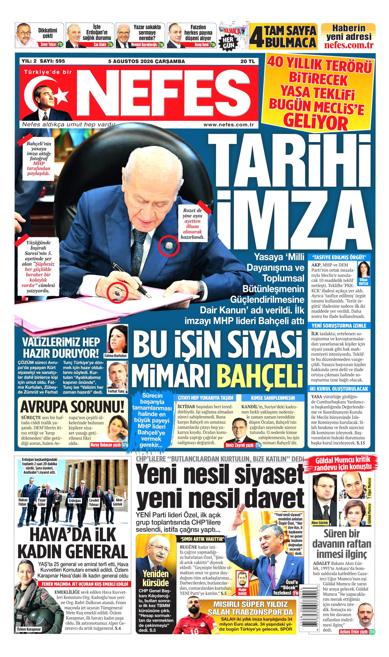 NEFES gazetesinin 5 Ağustos 2026 tarihli birinci sayfası