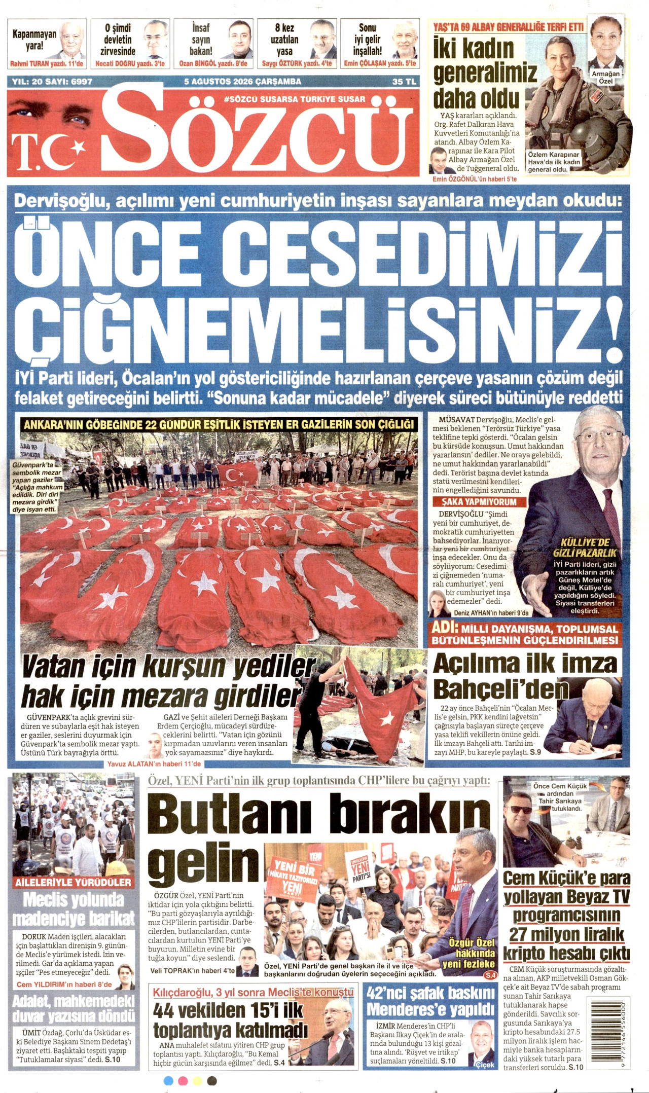 SÖZCÜ gazetesinin 5 Ağustos 2026 tarihli birinci sayfası