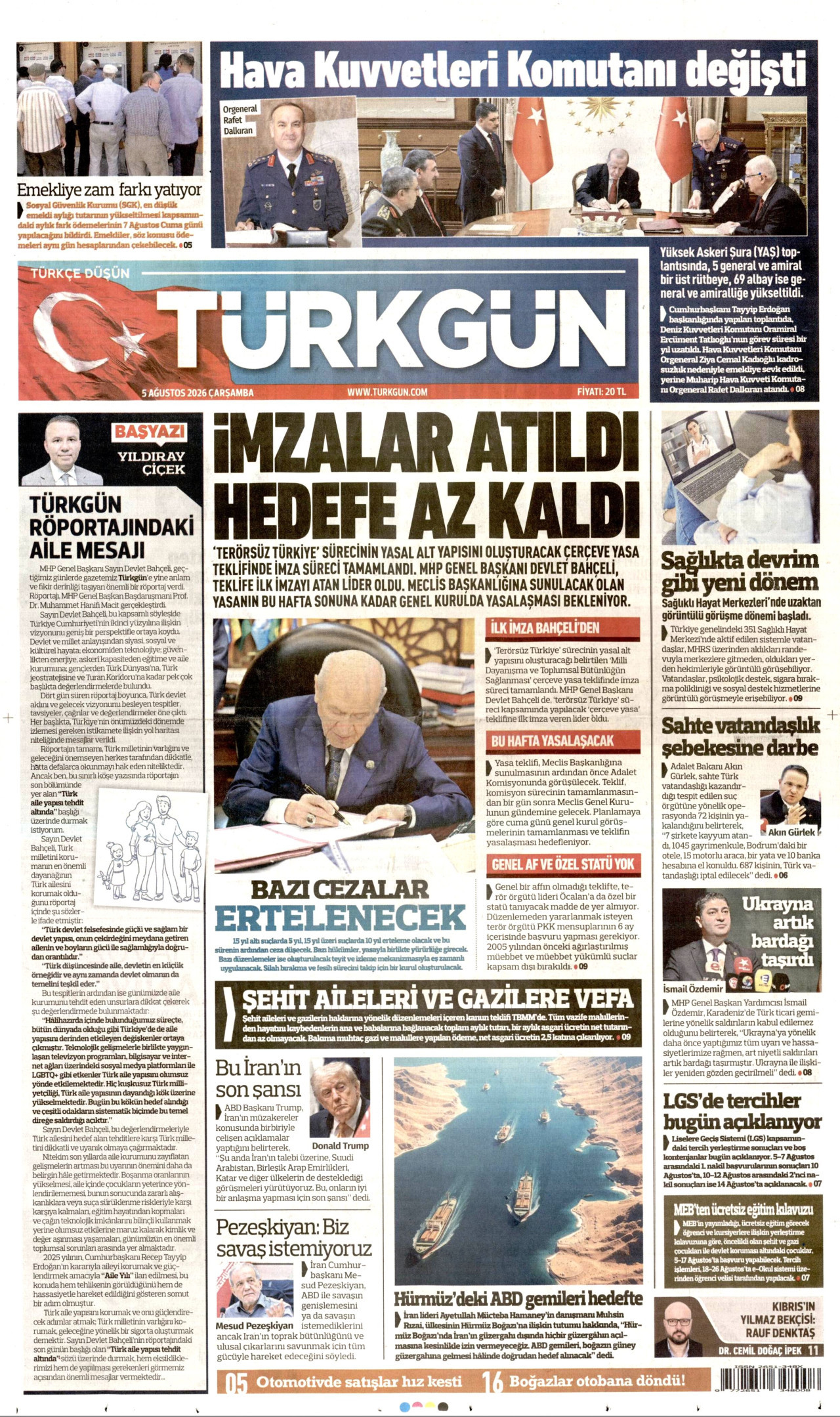 TÜRKGÜN gazetesinin 5 Ağustos 2026 tarihli birinci sayfası