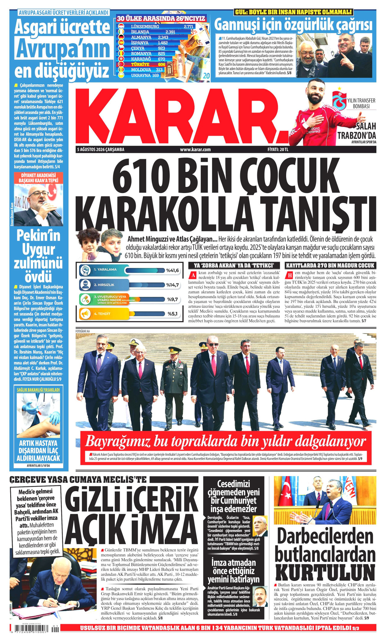 KARAR gazetesinin 5 Ağustos 2026 tarihli birinci sayfası