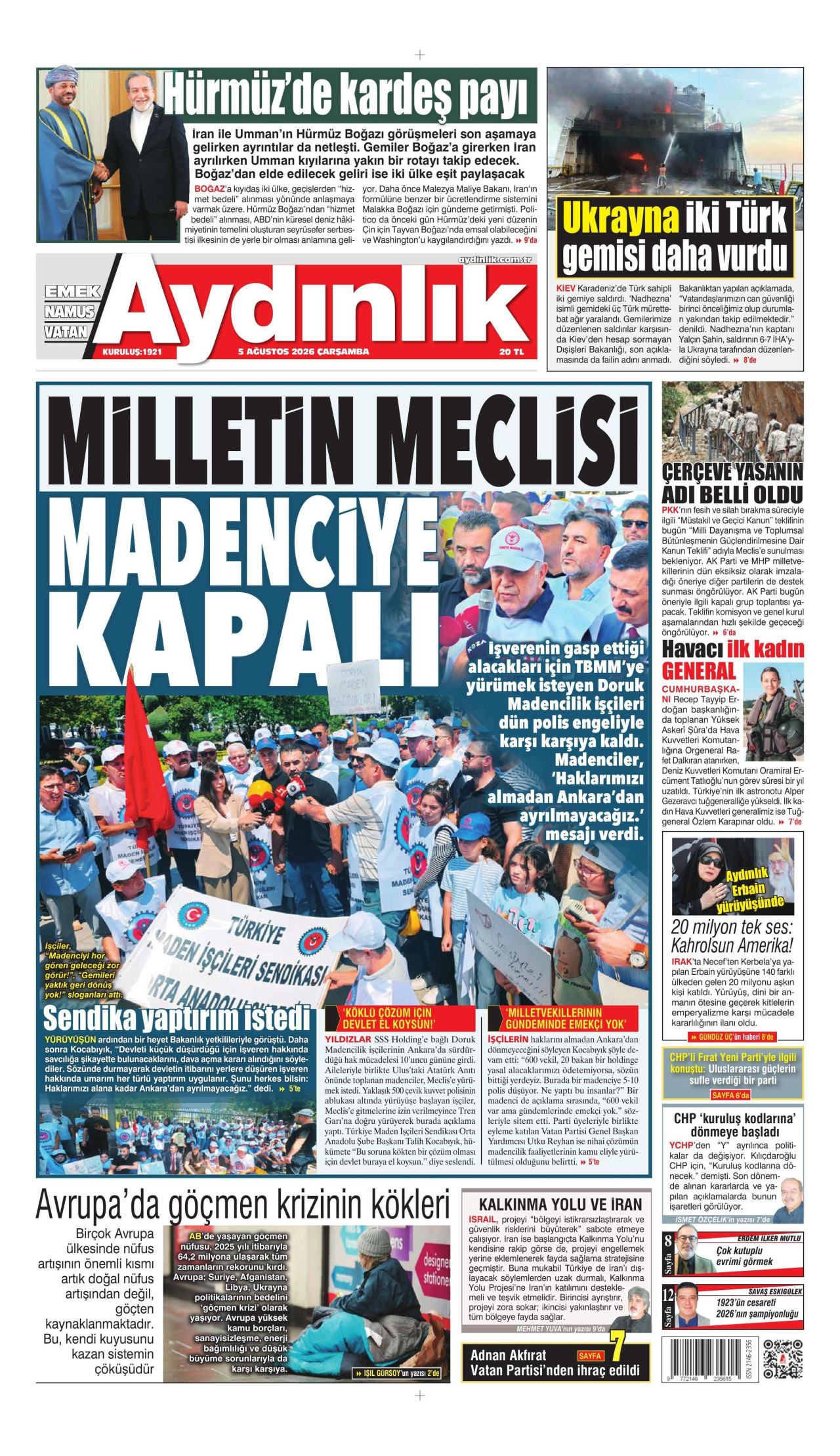 AYDINLIK GAZETESİ gazetesinin 5 Ağustos 2026 tarihli birinci sayfası