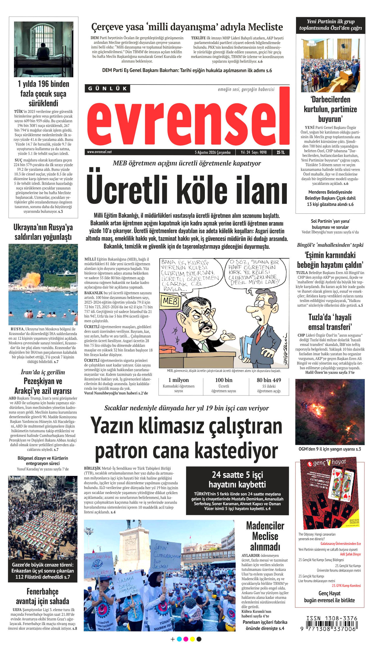 EVRENSEL gazetesinin 5 Ağustos 2026 tarihli birinci sayfası