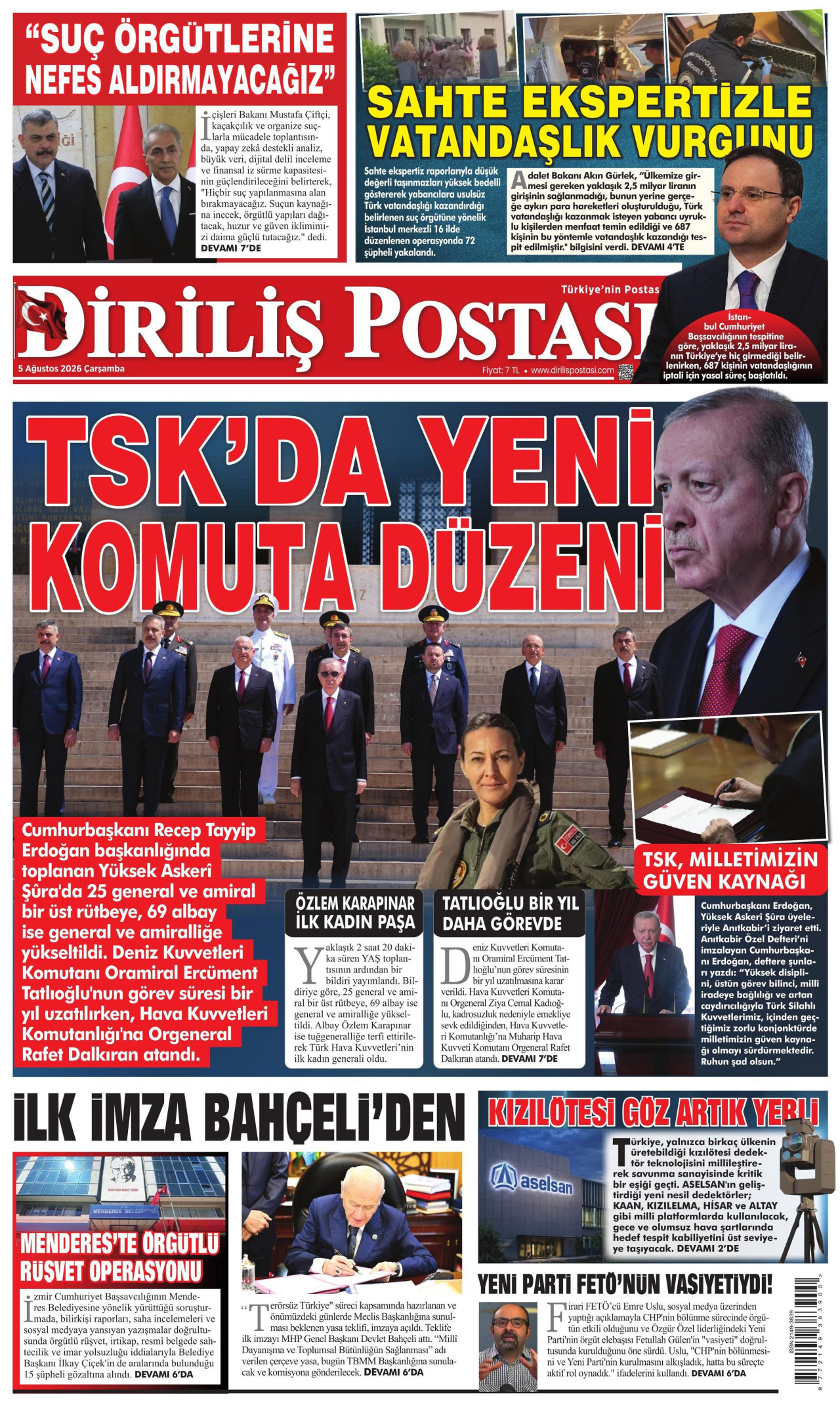 DİRİLİŞ POSTASI gazetesinin 5 Ağustos 2026 tarihli birinci sayfası