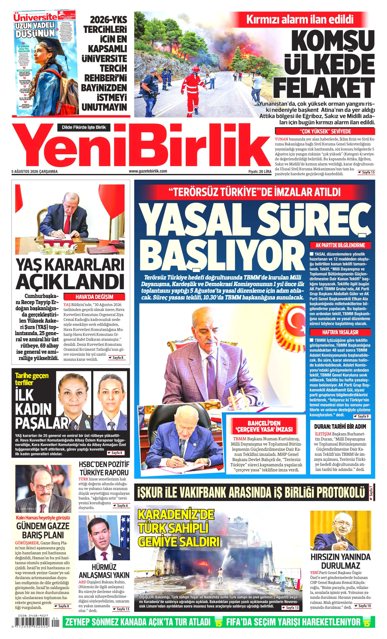YENİBİRLİK gazetesinin 5 Ağustos 2026 tarihli birinci sayfası