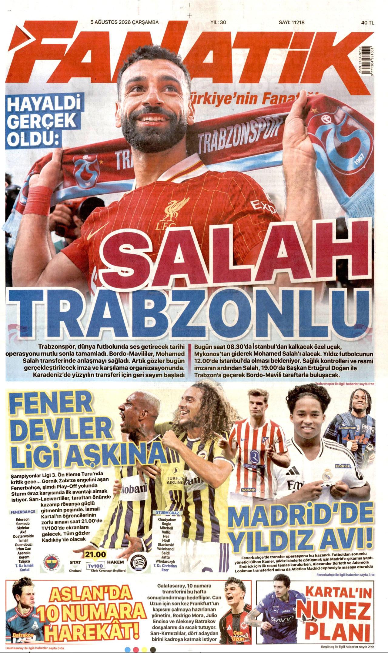 FANATİK gazetesinin 5 Ağustos 2026 tarihli birinci sayfası