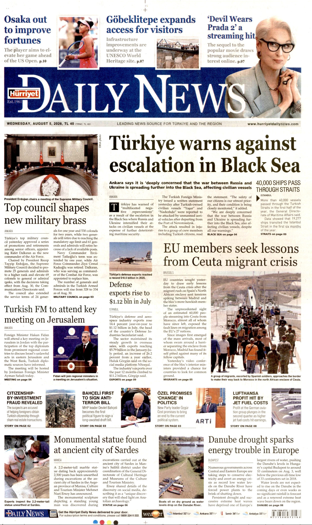 HÜRRİYET DAİLY NEWS gazetesinin 5 Ağustos 2026 tarihli birinci sayfası