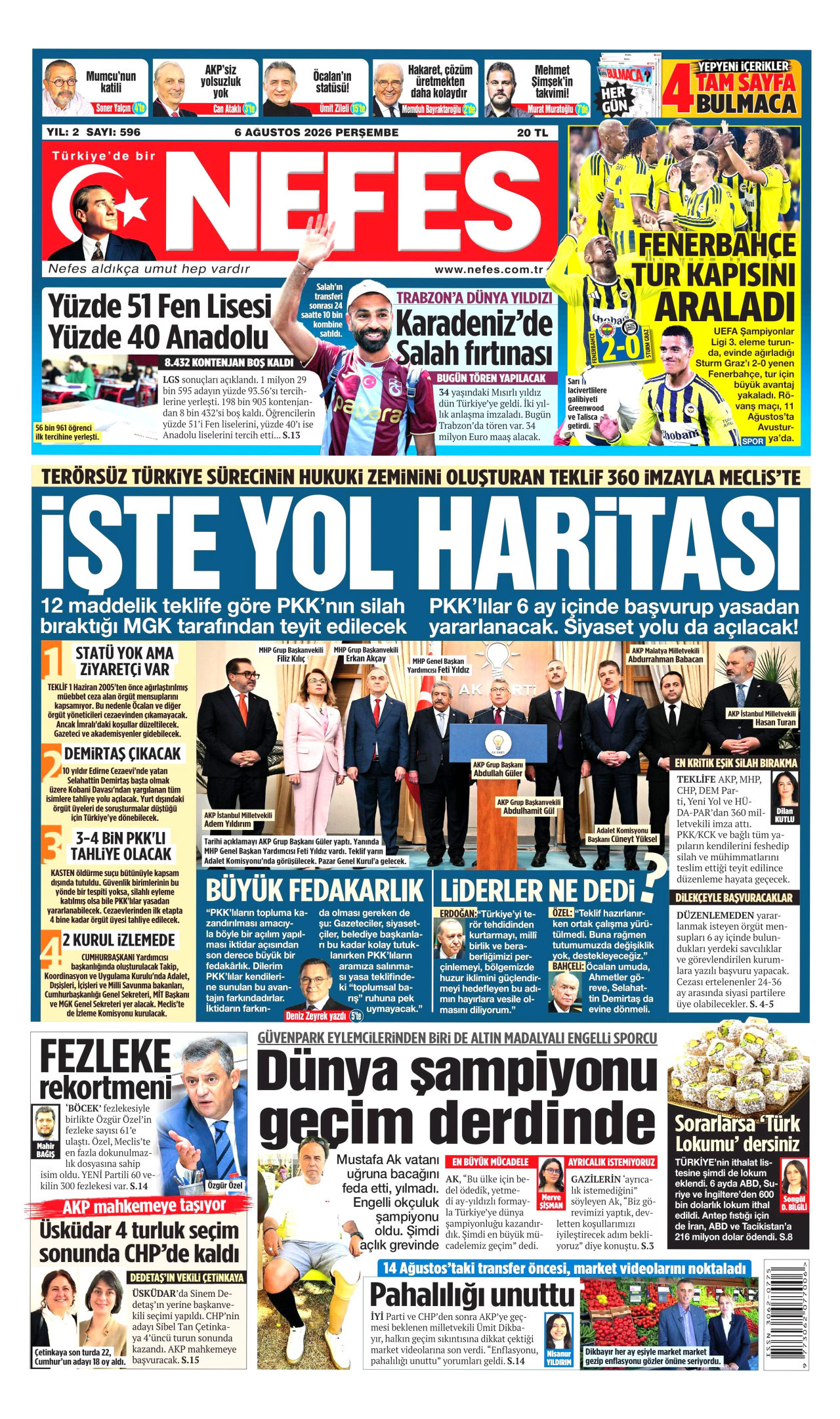 NEFES gazetesinin 6 Ağustos 2026 tarihli birinci sayfası