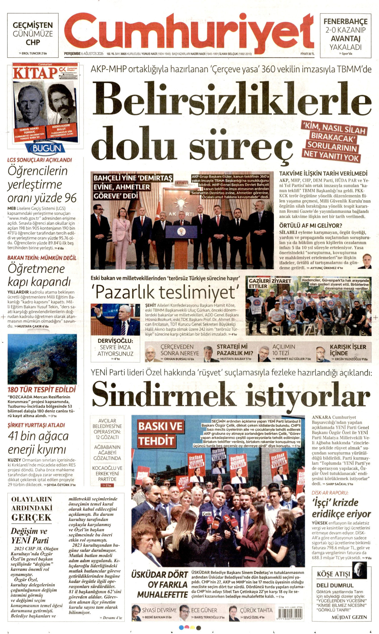 CUMHURİYET gazetesinin 6 Ağustos 2026 tarihli birinci sayfası