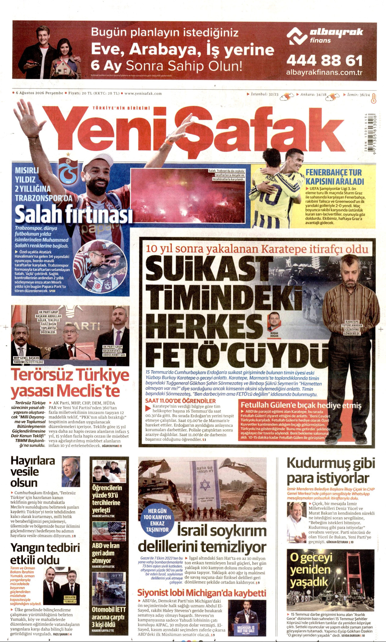 YENİ ŞAFAK gazetesinin 6 Ağustos 2026 tarihli birinci sayfası