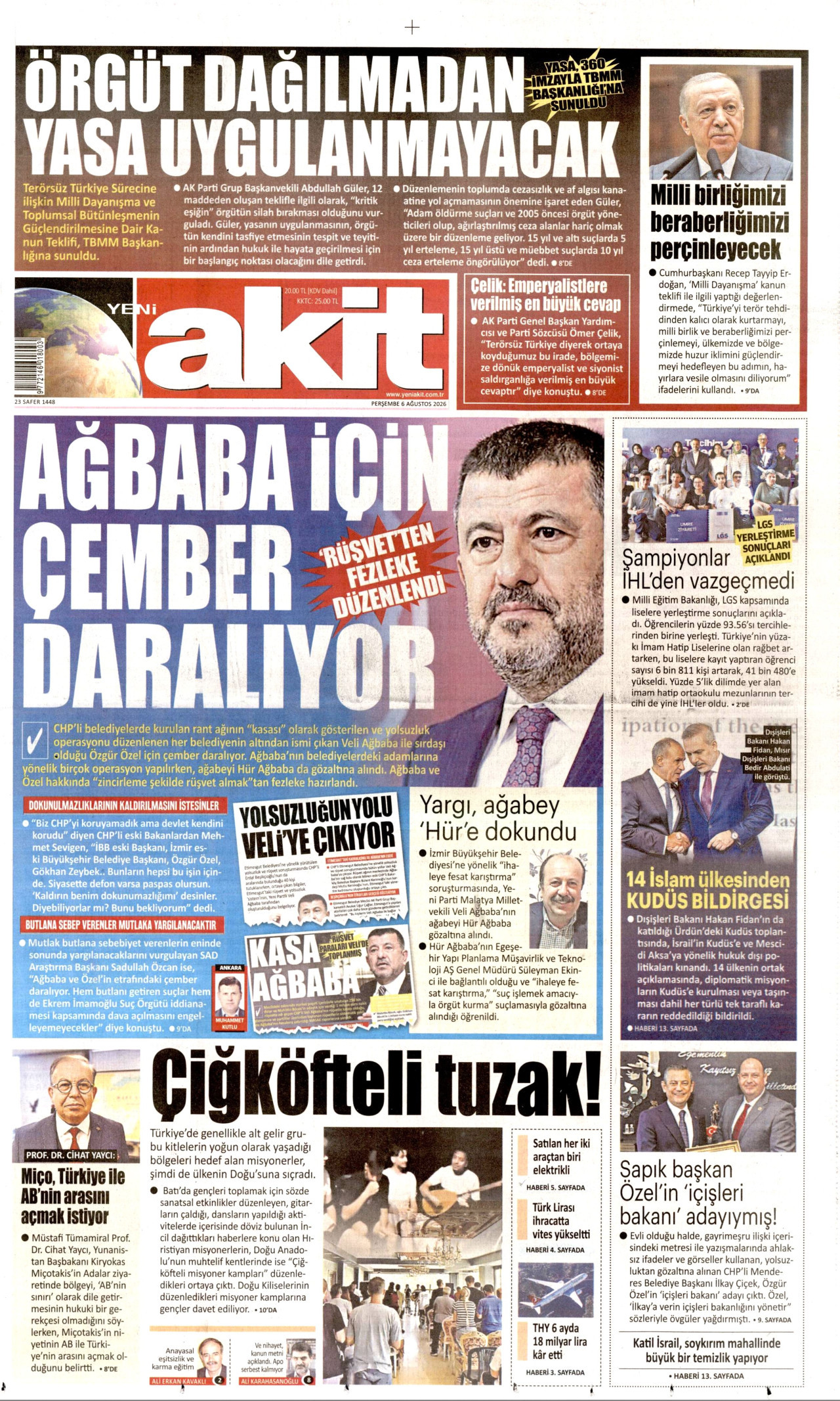 YENİ AKİT gazetesinin 6 Ağustos 2026 tarihli birinci sayfası