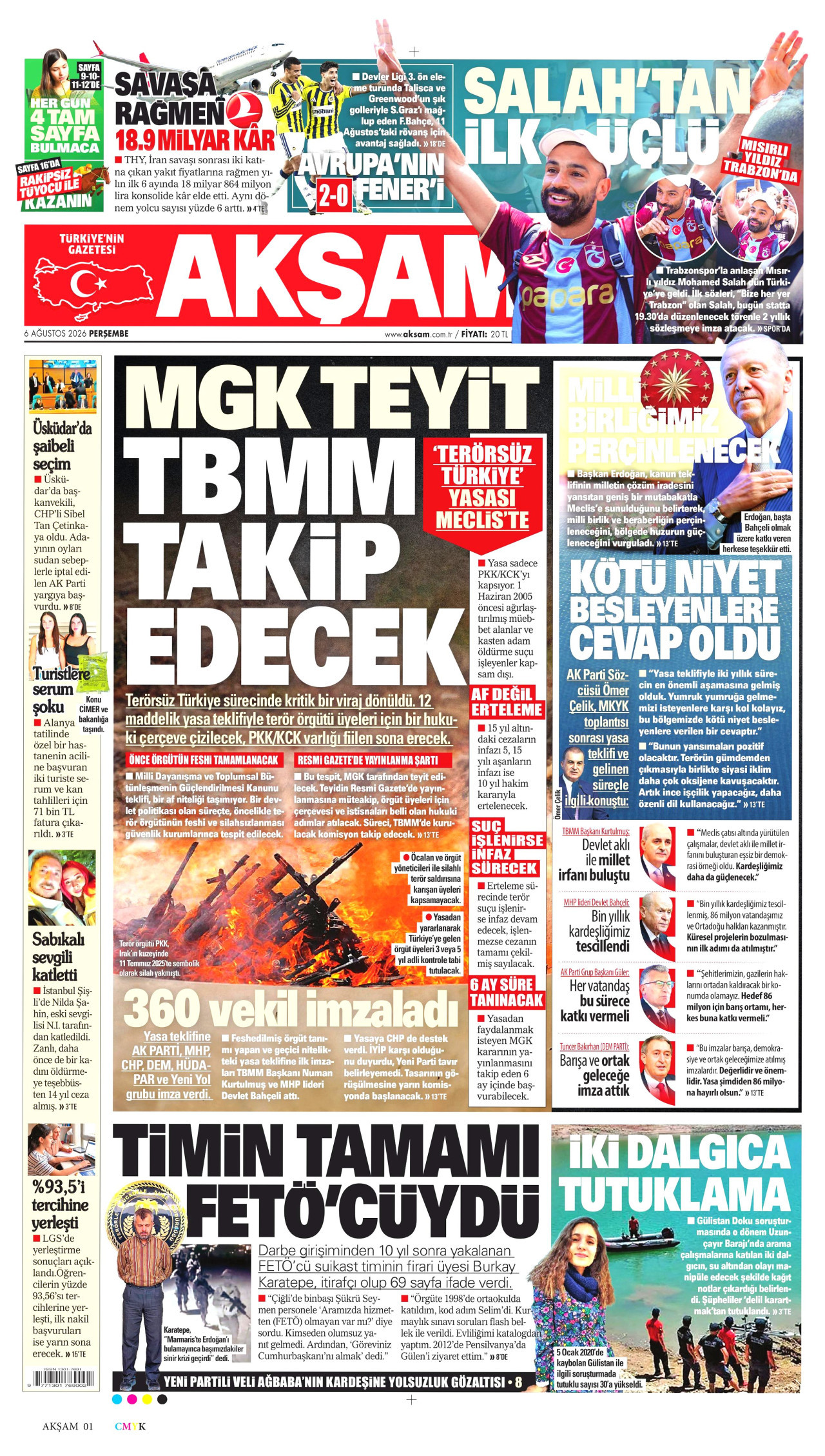 AKŞAM gazetesinin 6 Ağustos 2026 tarihli birinci sayfası