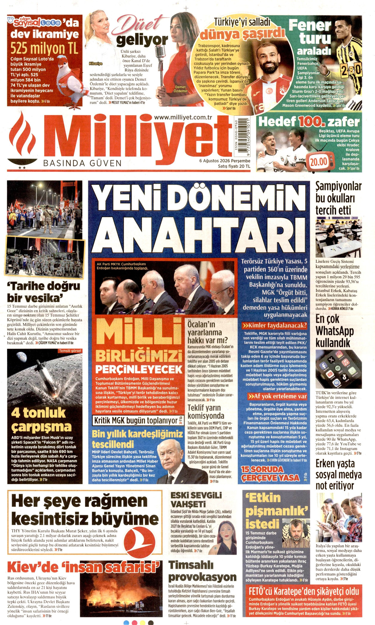 MİLLİYET gazetesinin 6 Ağustos 2026 tarihli birinci sayfası