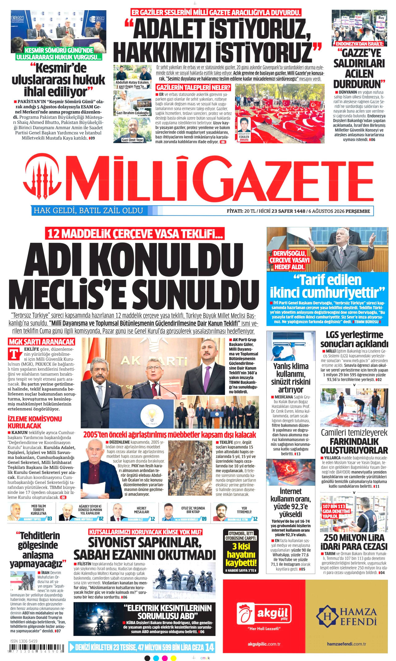 MİLLİ GAZETE gazetesinin 6 Ağustos 2026 tarihli birinci sayfası
