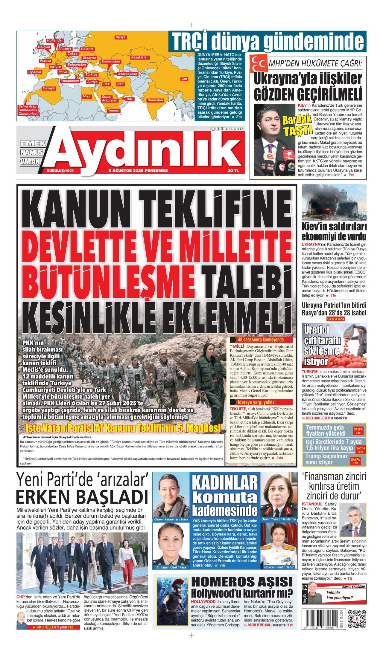 AYDINLIK GAZETESİ gazetesinin 6 Ağustos 2026 tarihli birinci sayfası