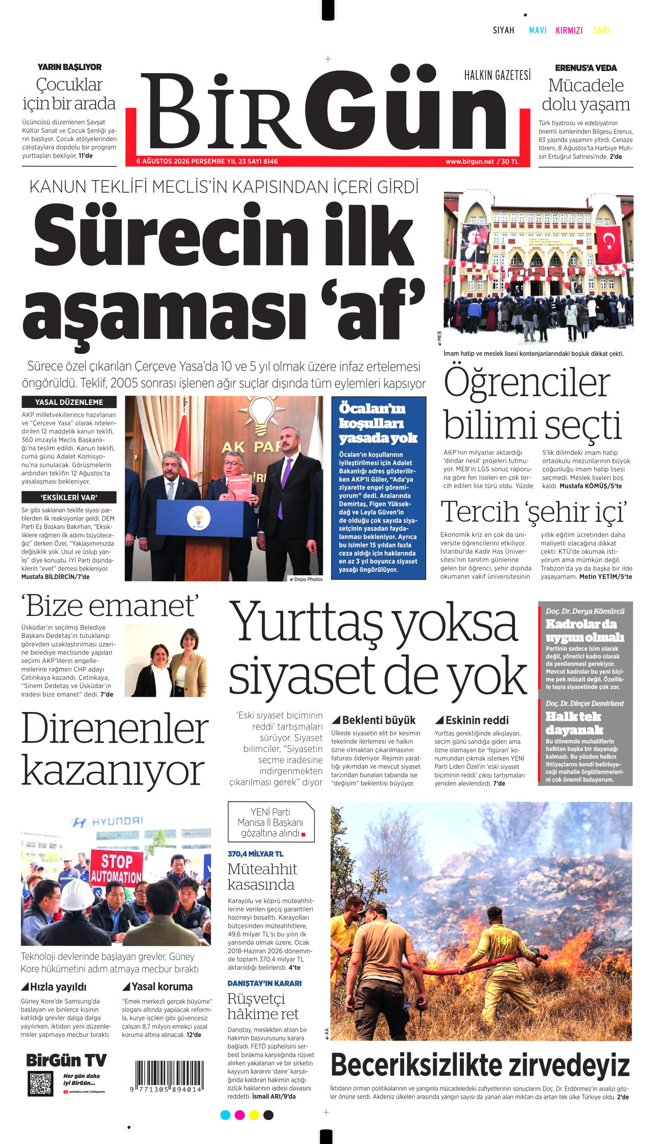 BİRGÜN gazetesinin 6 Ağustos 2026 tarihli birinci sayfası
