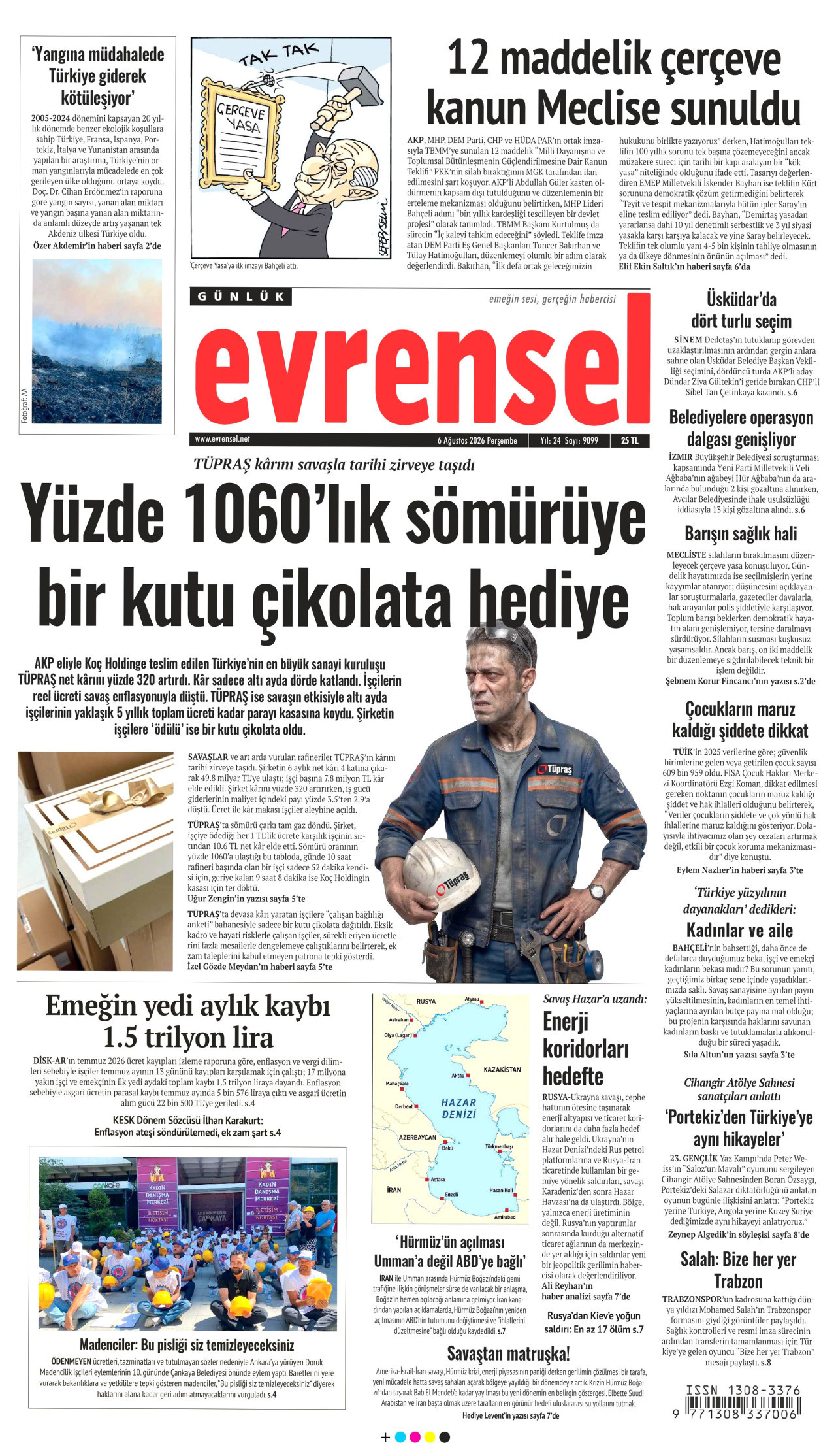 EVRENSEL gazetesinin 6 Ağustos 2026 tarihli birinci sayfası