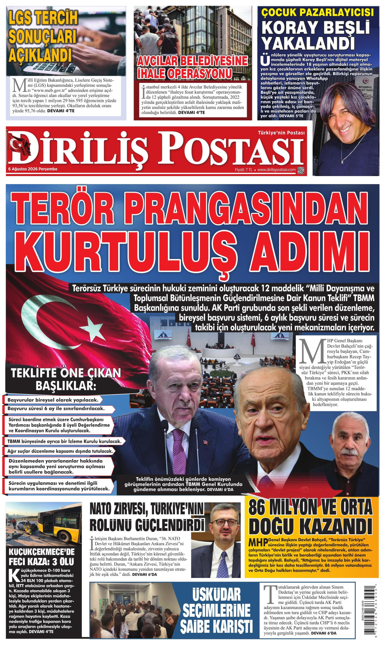 DİRİLİŞ POSTASI gazetesinin 6 Ağustos 2026 tarihli birinci sayfası