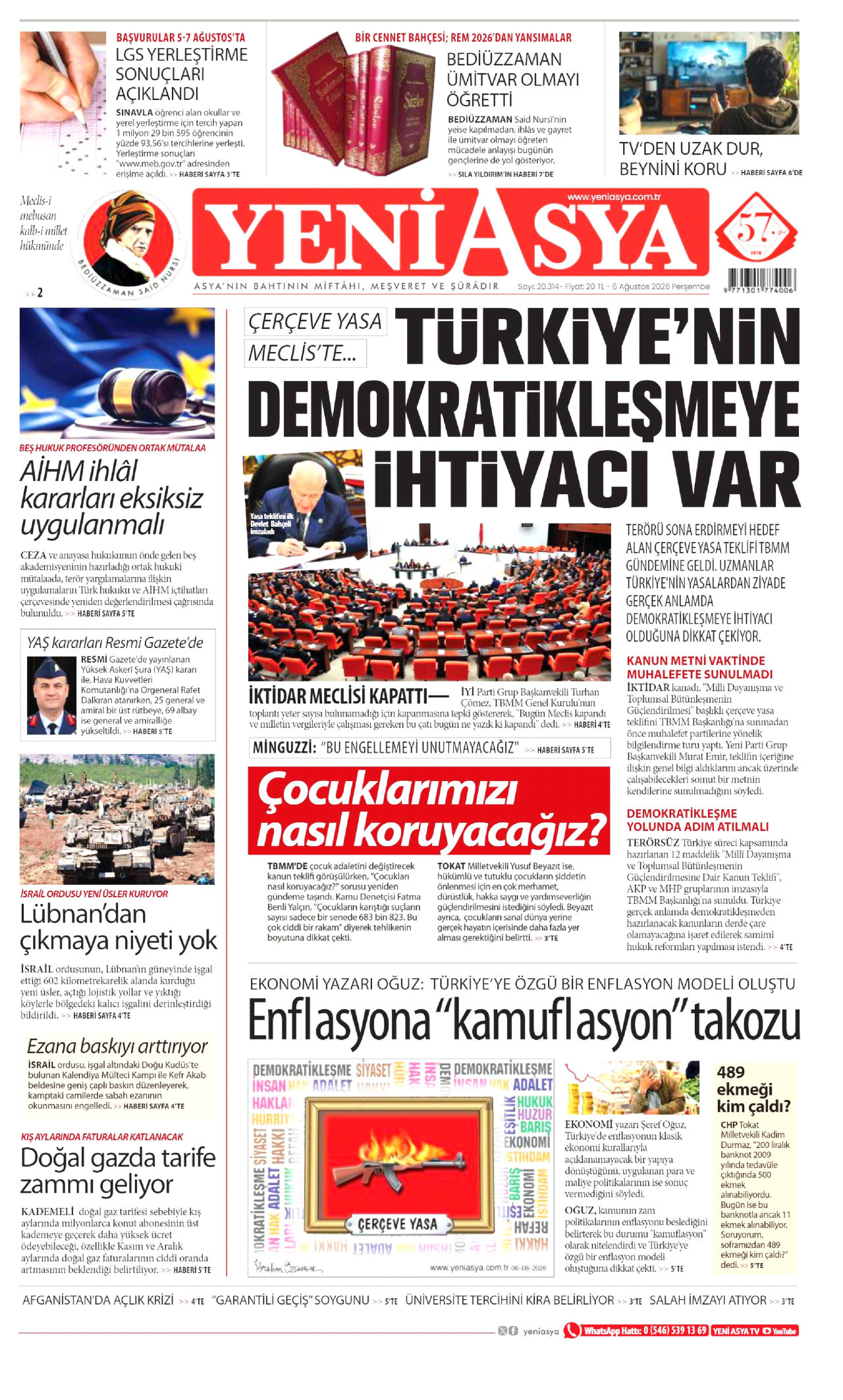 YENİ ASYA gazetesinin 6 Ağustos 2026 tarihli birinci sayfası