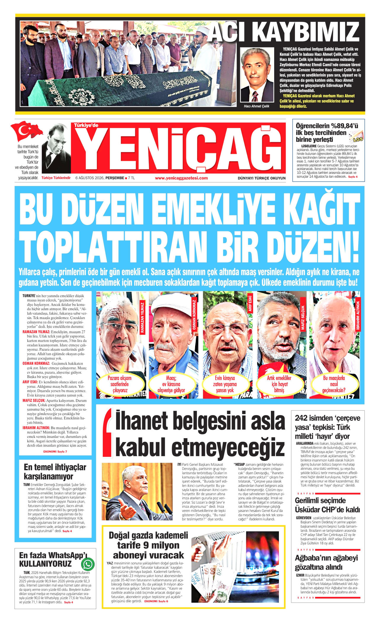 YENİÇAĞ gazetesinin 6 Ağustos 2026 tarihli birinci sayfası
