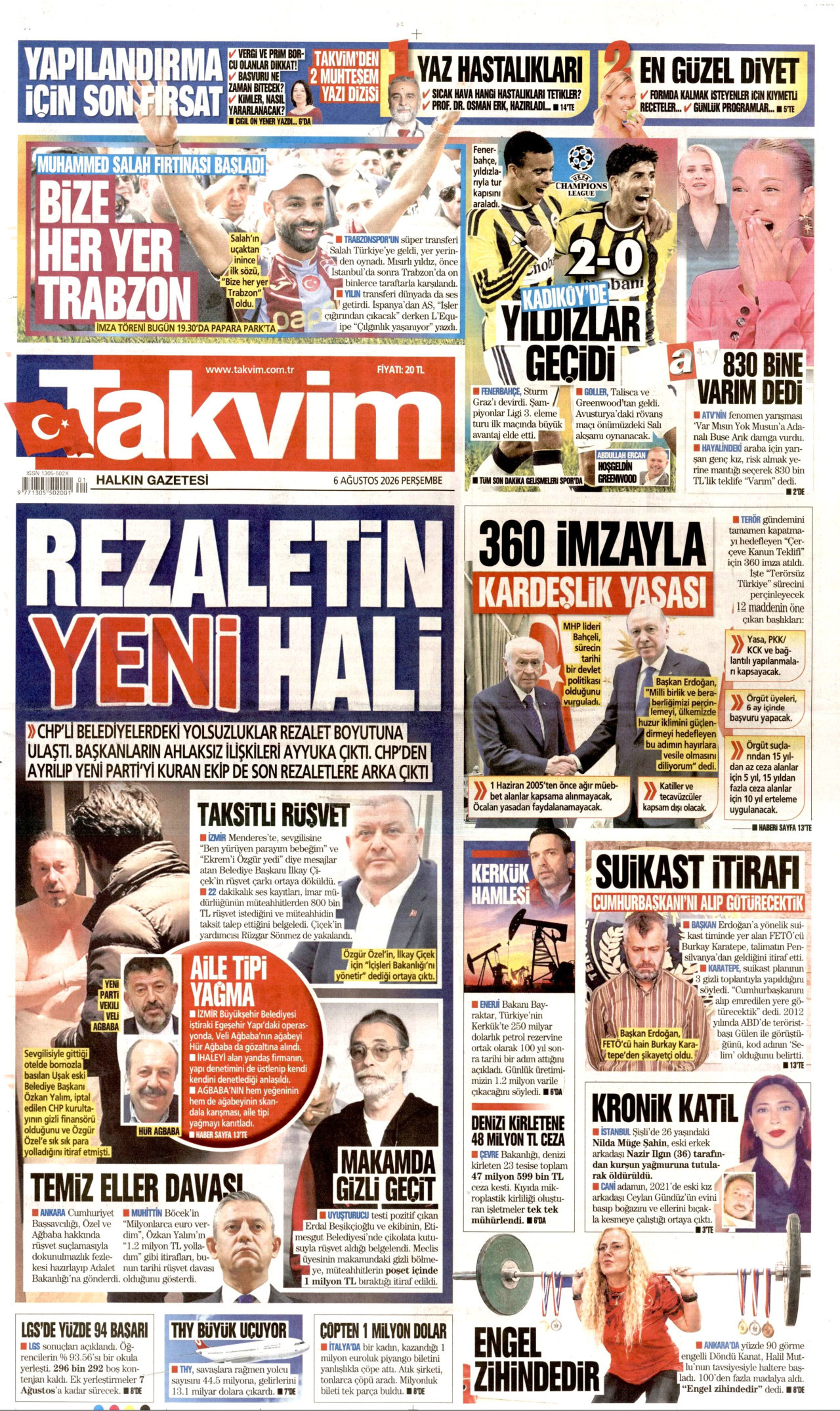 TAKVİM gazetesinin 6 Ağustos 2026 tarihli birinci sayfası