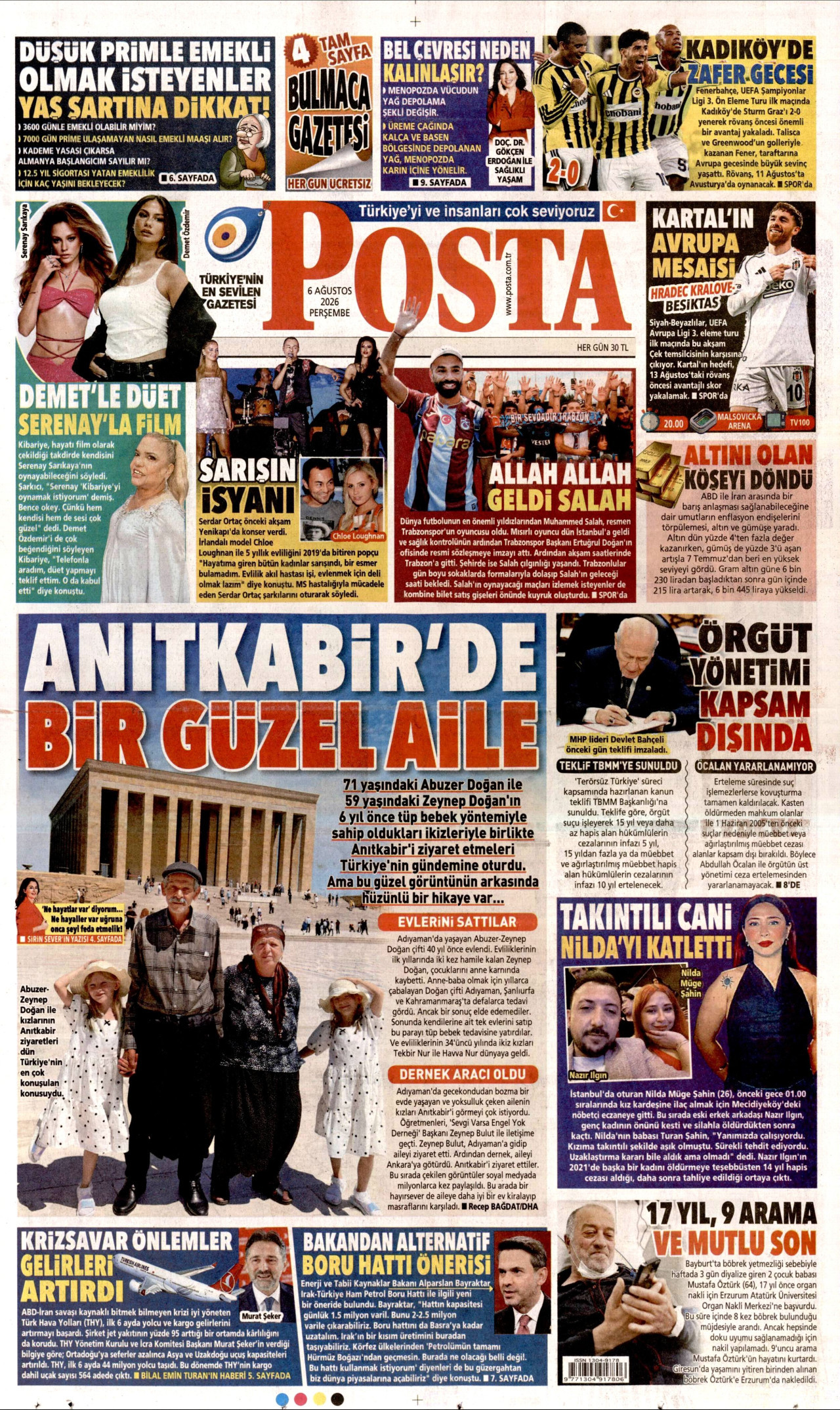 POSTA gazetesinin 6 Ağustos 2026 tarihli birinci sayfası