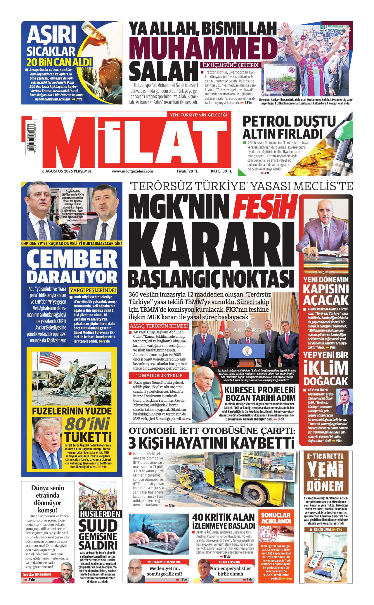 MİLAT gazetesinin 6 Ağustos 2026 tarihli birinci sayfası