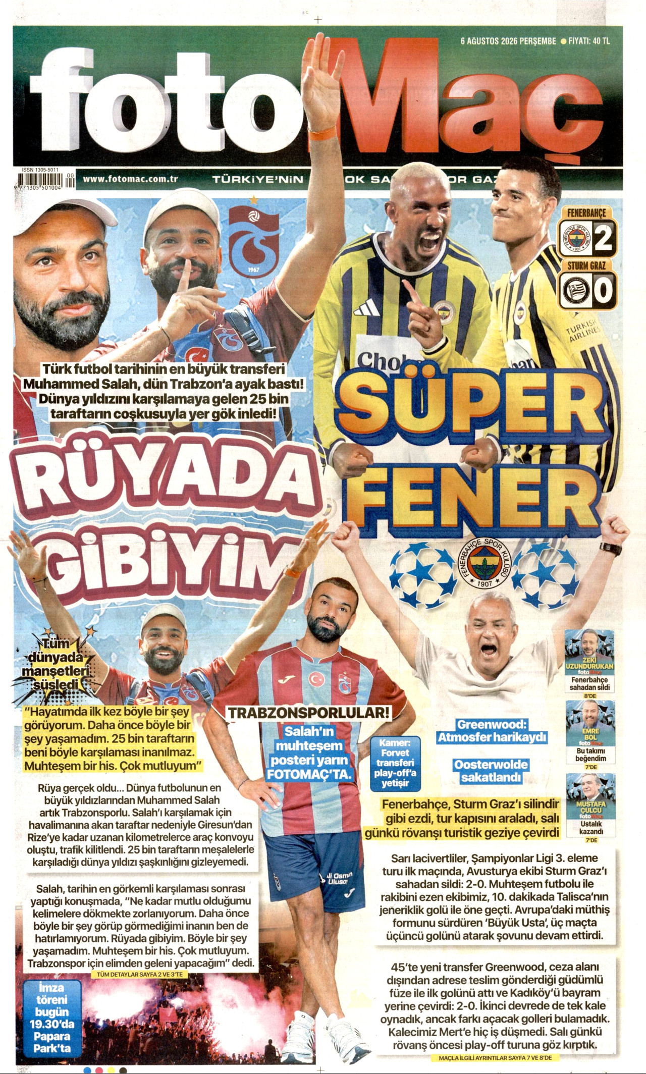 FOTOMAÇ gazetesinin 6 Ağustos 2026 tarihli birinci sayfası