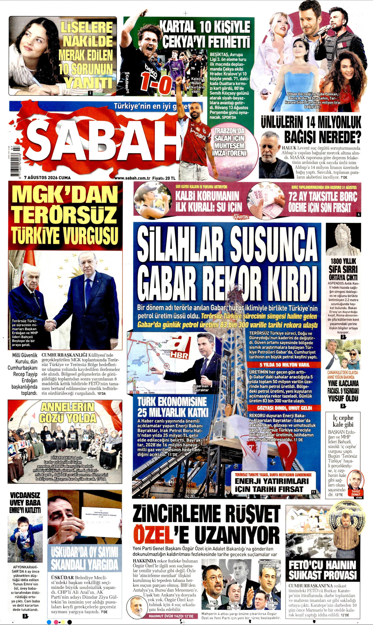 SABAH gazetesinin 7 Ağustos 2026 tarihli birinci sayfası