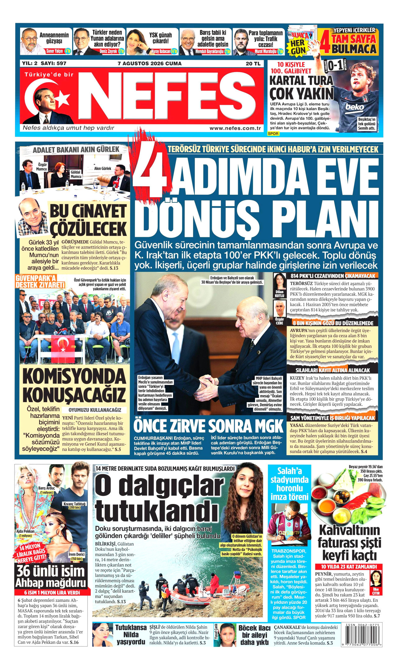NEFES gazetesinin 7 Ağustos 2026 tarihli birinci sayfası