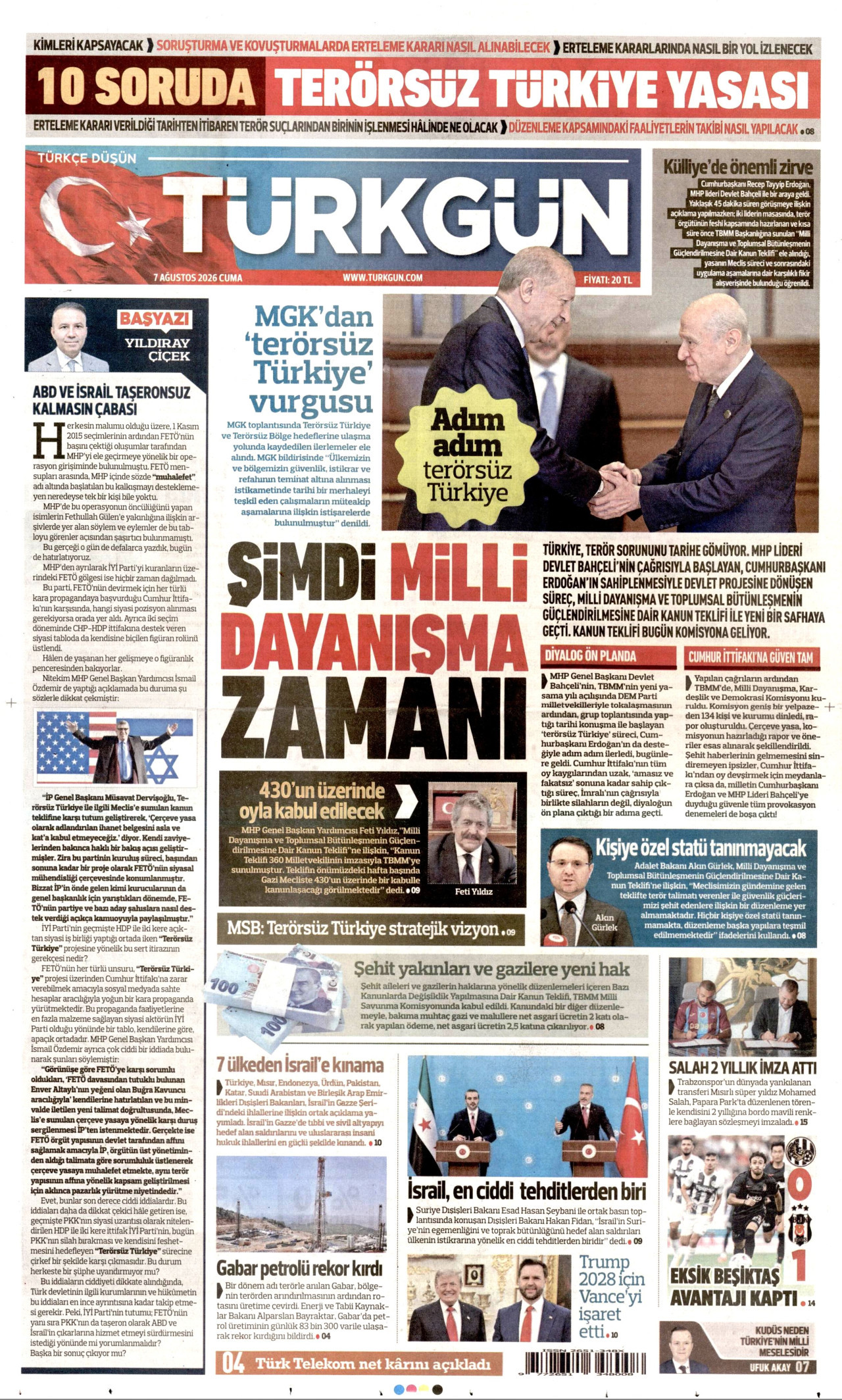 TÜRKGÜN gazetesinin 7 Ağustos 2026 tarihli birinci sayfası