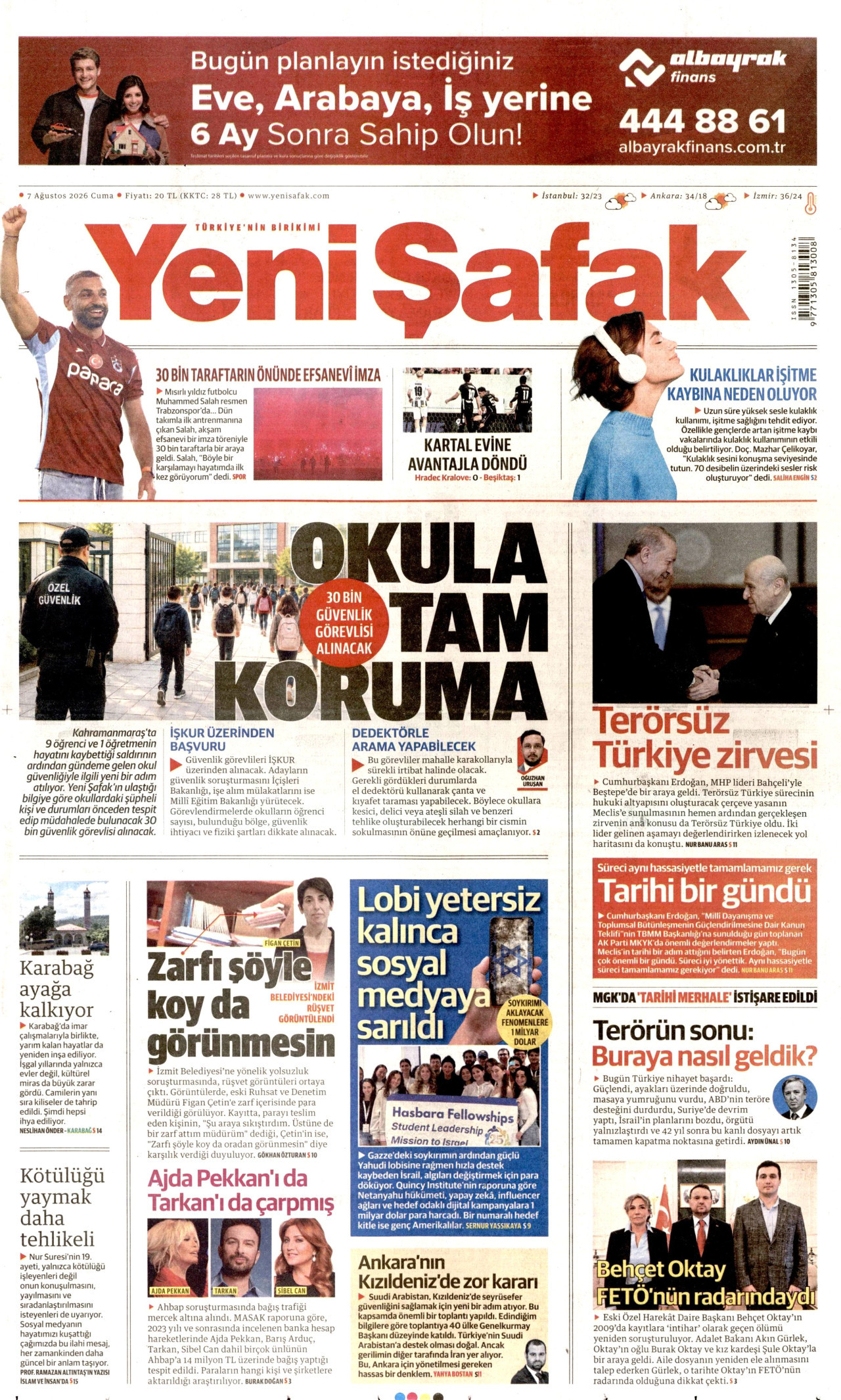 YENİ ŞAFAK gazetesinin 7 Ağustos 2026 tarihli birinci sayfası