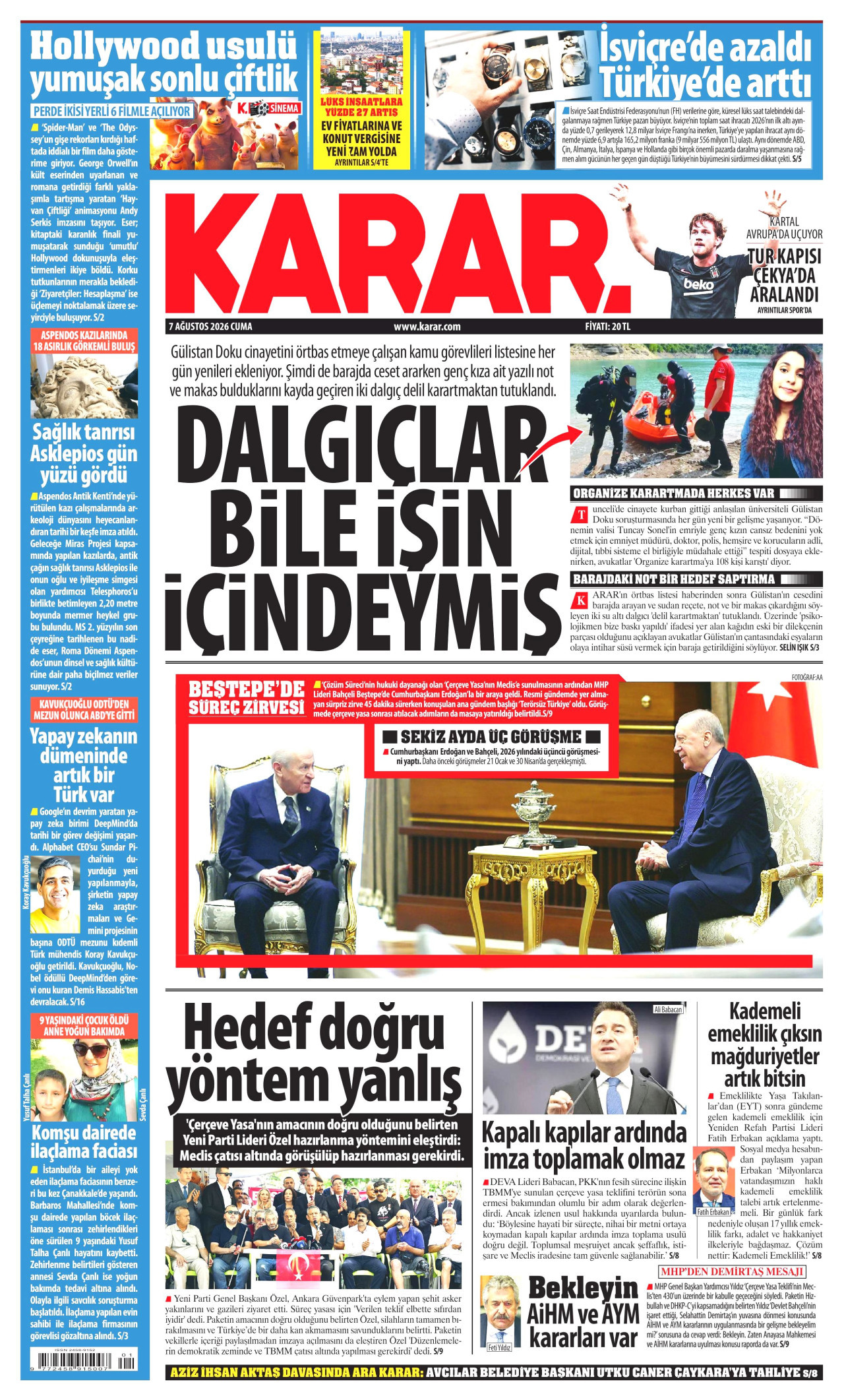 KARAR gazetesinin 7 Ağustos 2026 tarihli birinci sayfası