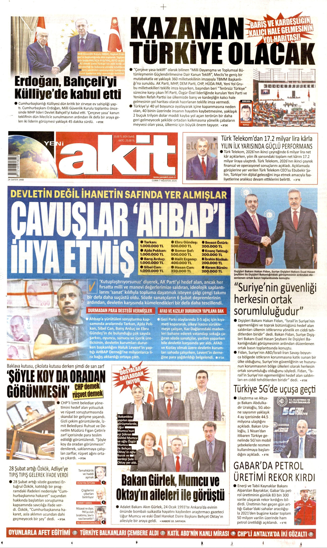 YENİ AKİT gazetesinin 7 Ağustos 2026 tarihli birinci sayfası