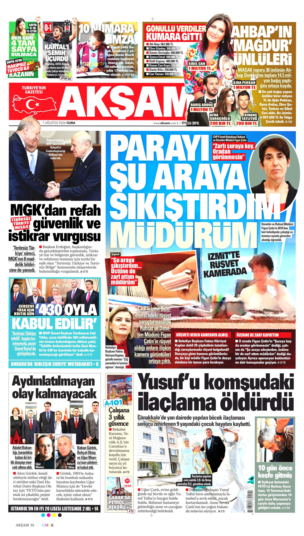 AKŞAM gazetesinin 7 Ağustos 2026 tarihli birinci sayfası