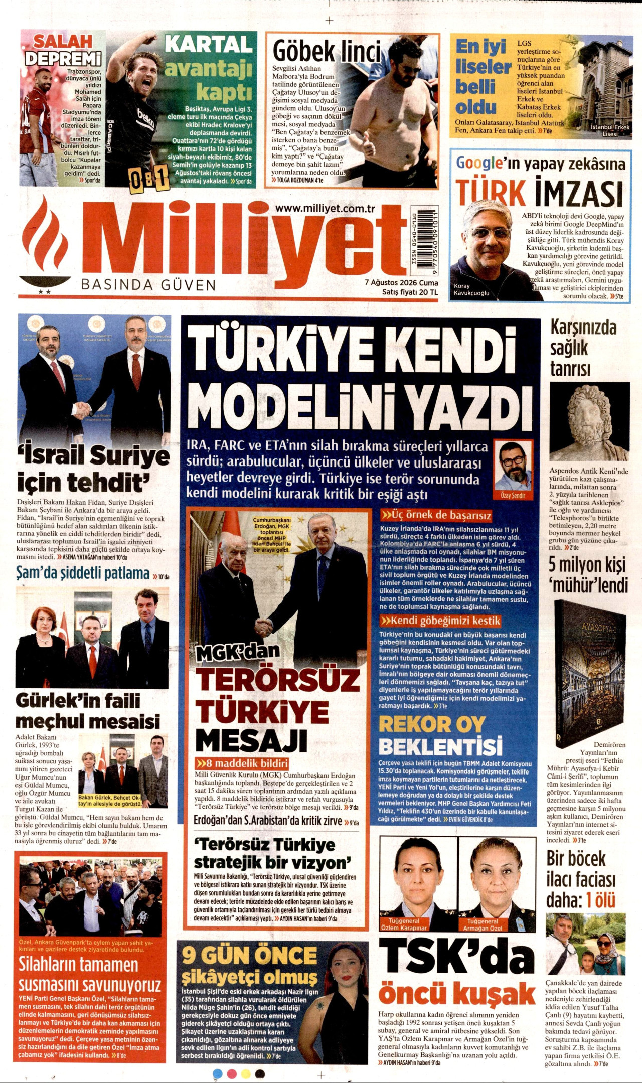 MİLLİYET gazetesinin 7 Ağustos 2026 tarihli birinci sayfası