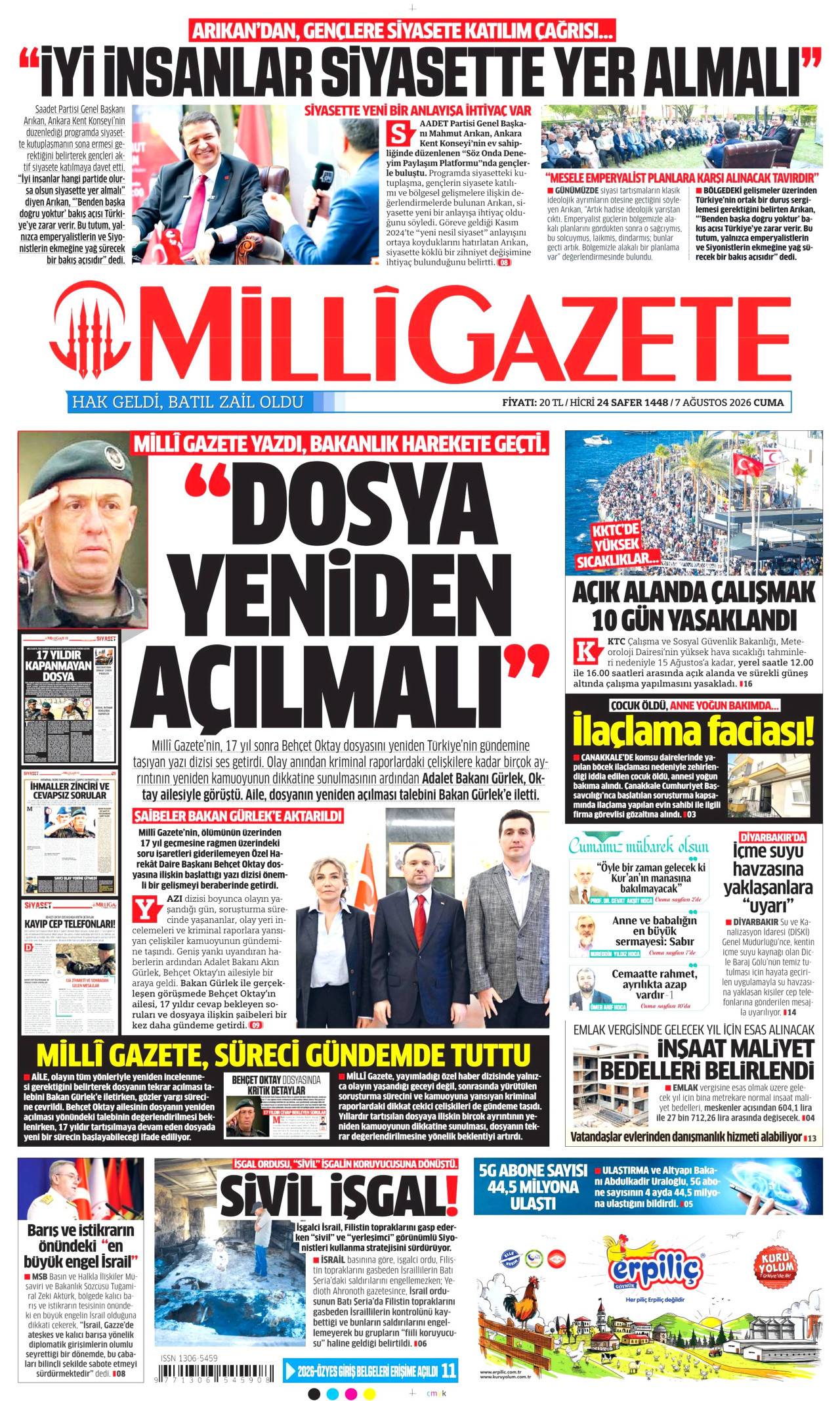 MİLLİ GAZETE gazetesinin 7 Ağustos 2026 tarihli birinci sayfası