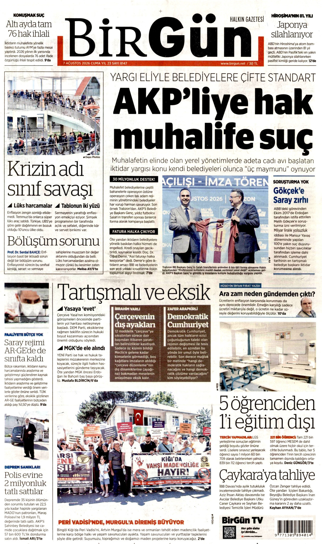 BİRGÜN gazetesinin 7 Ağustos 2026 tarihli birinci sayfası