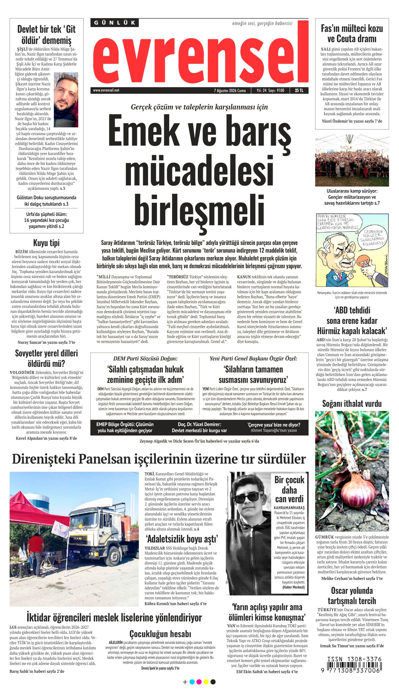 EVRENSEL gazetesinin 7 Ağustos 2026 tarihli birinci sayfası